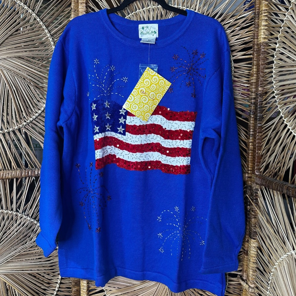 Quacker Factory Blue American Flag Sequin Firework Sweater Womens 1X Patriotic